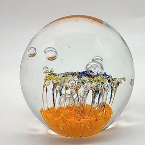 Hand Blown Paperweight Controlled Bubble Orange Blue Yellow Art Glass Unmarked